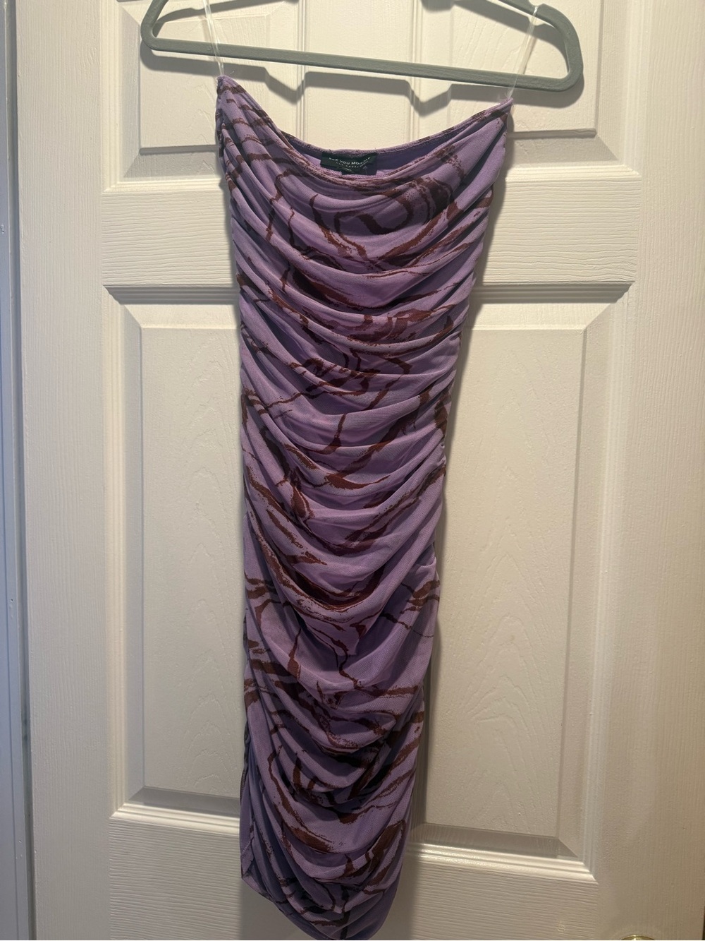See You Monday Lilac Strapless Ruched Slip Dress with Brown Swirl Print